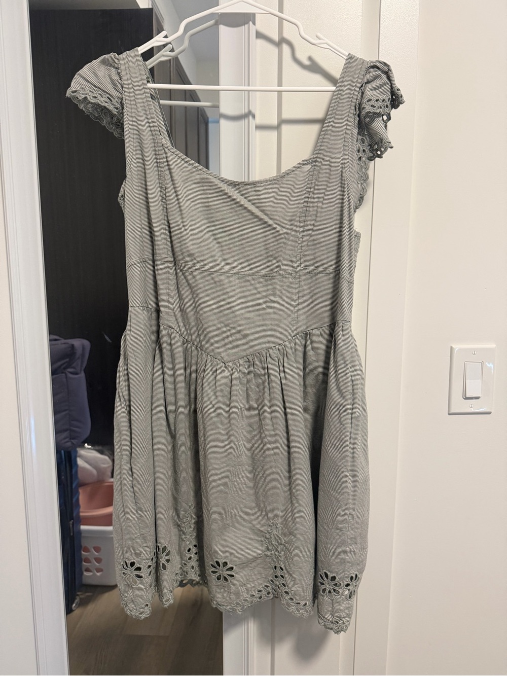 American Eagle Outfitters Light Gray Mini Dress with Eyelet Trim